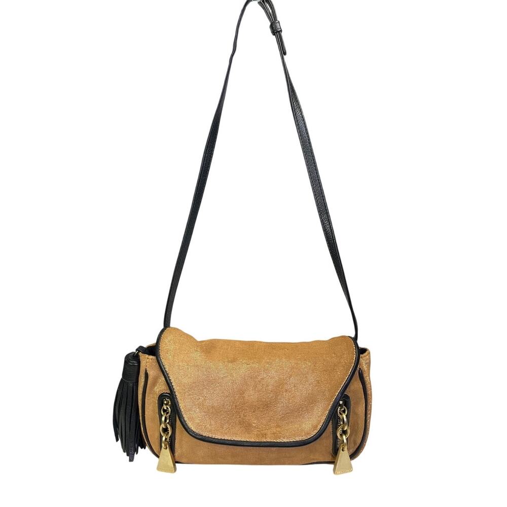 See by Chloé Metallic Gold Shoulder Bag Convertible Clutch Tassel Leather Trim